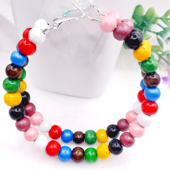 Wooden Hoop Earrings, Multicolor Large Hoop Earrings 2.7 Inch - Picture 3 of 5